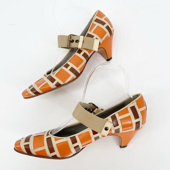 Vintage Retro Miu Miu Orange Tan Brown Woven Pointed Toe Mary Jane Pump IT 36 - Picture 4 of 11